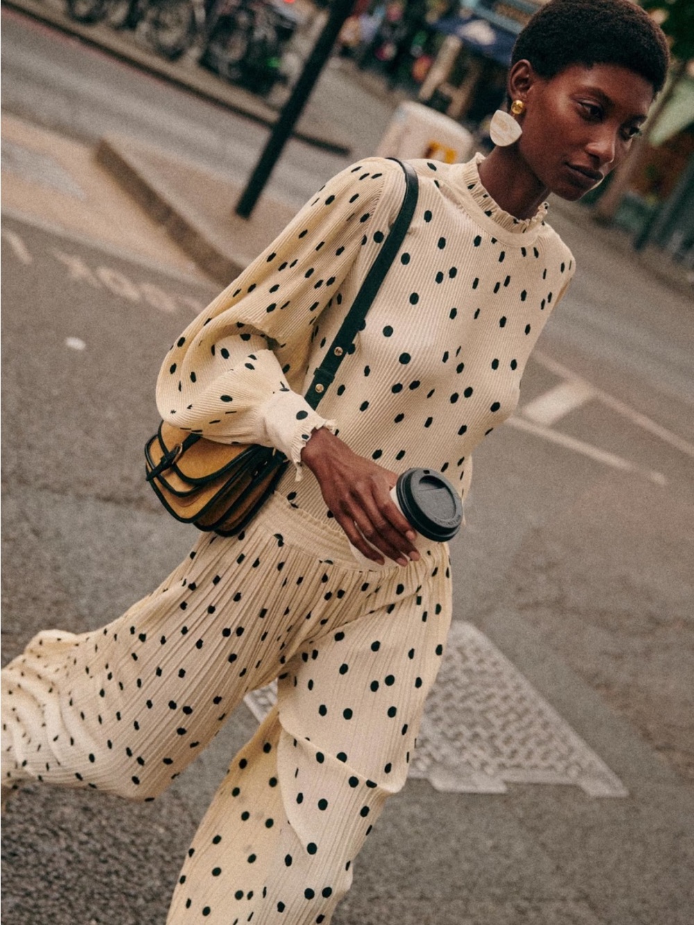 Cream Polka Dot Pleated Wide-Leg Two Piece - Picture 2 of 10
